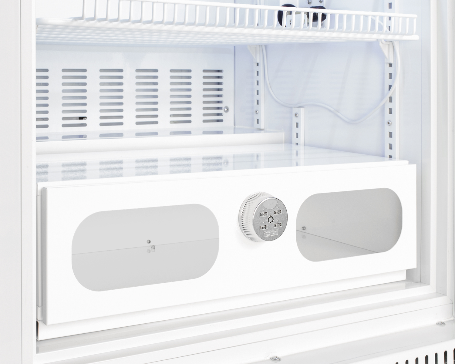 Interior locking compartment with combination lock and front windows for use with select Accucold and Summit refrigerators
